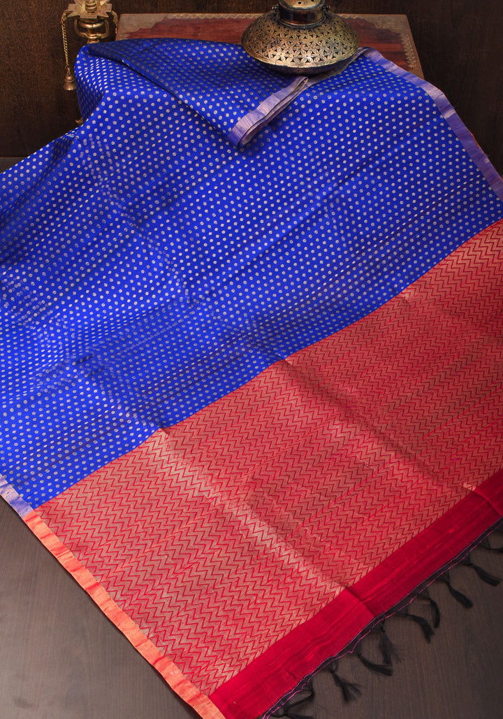 Blue and Red Pure Raw Silk Saree with Full Body Zari buttas | SILK MARK CERTIFIED