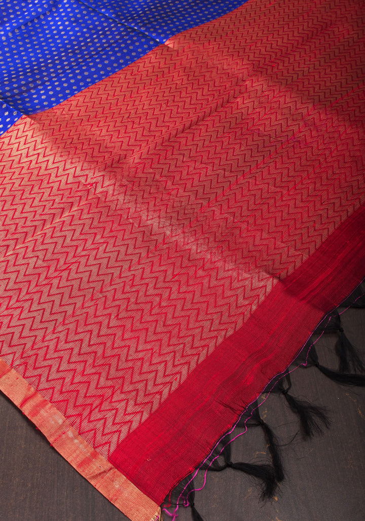 Blue and Red Pure Raw Silk Saree with Full Body Zari buttas | SILK MARK CERTIFIED