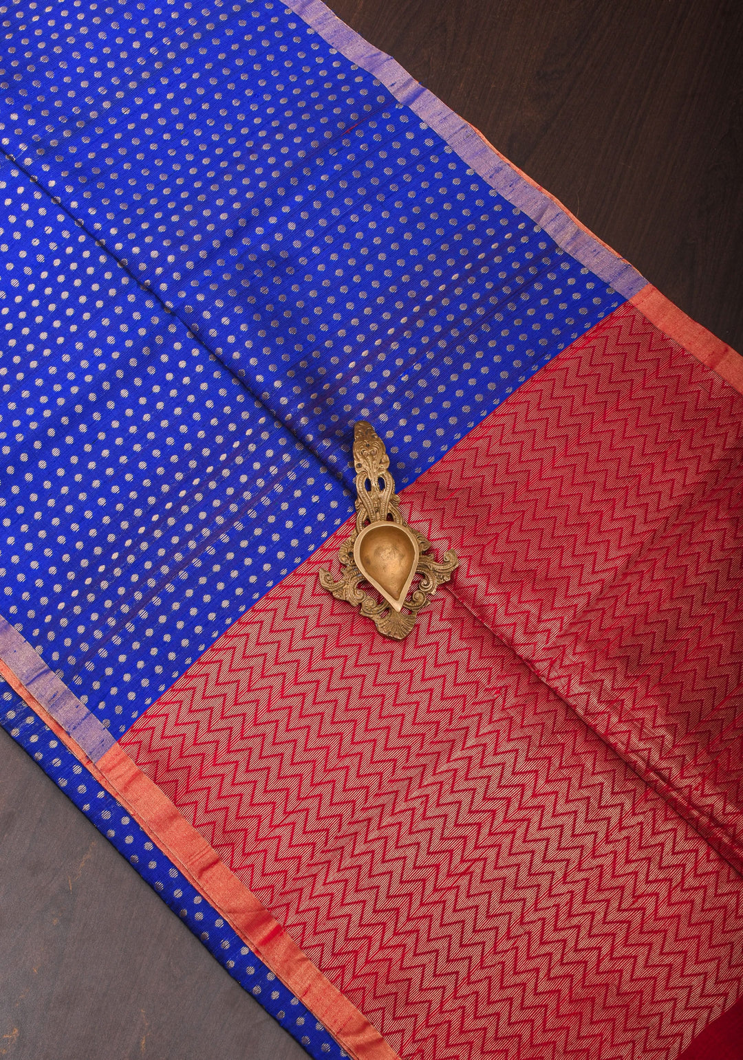 Blue and Red Pure Raw Silk Saree with Full Body Zari buttas | SILK MARK CERTIFIED