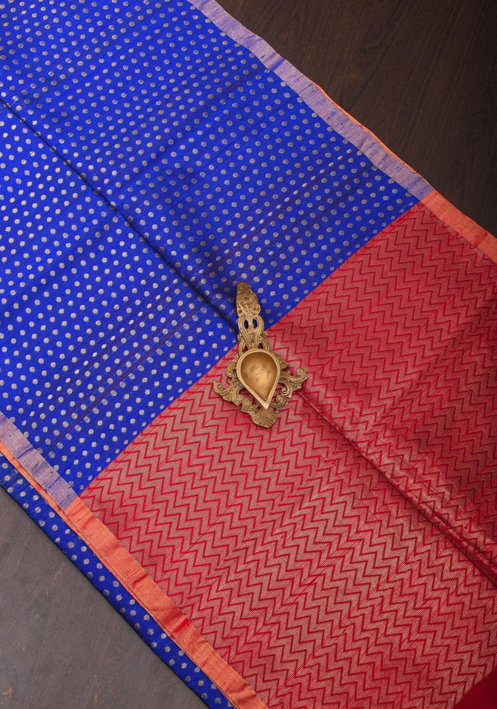 Blue and Red Pure Raw Silk Saree with Full Body Zari buttas | SILK MARK CERTIFIED