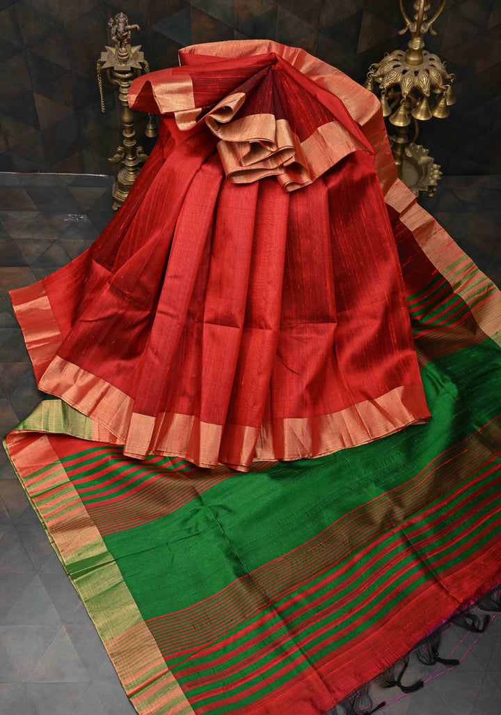Brick Red Pure Raw Silk Saree with Gold Tissue Zari Border | SILK MARK CERTIFIED