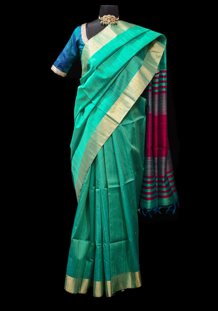 Sea Green and Pink Pure Raw SIlk Saree with Tissue Zari Borders| SILK MARK CERTIFIED