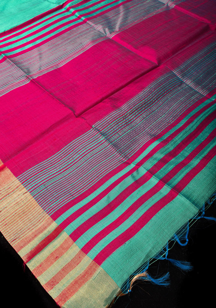 Sea Green and Pink Pure Raw SIlk Saree with Tissue Zari Borders| SILK MARK CERTIFIED