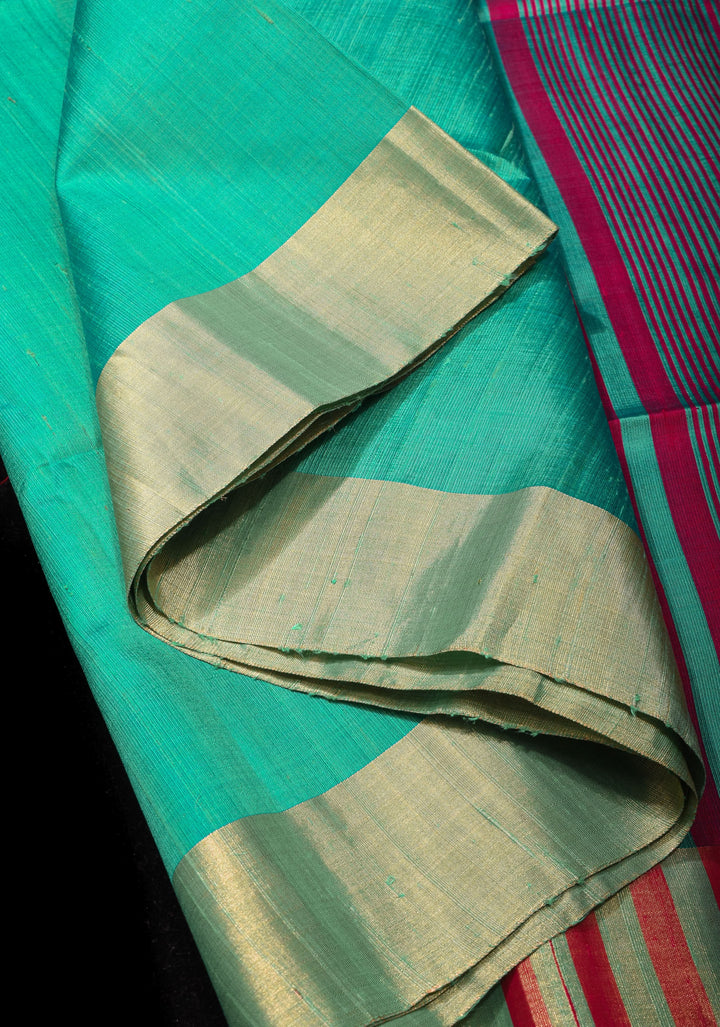 Sea Green and Pink Pure Raw SIlk Saree with Tissue Zari Borders| SILK MARK CERTIFIED