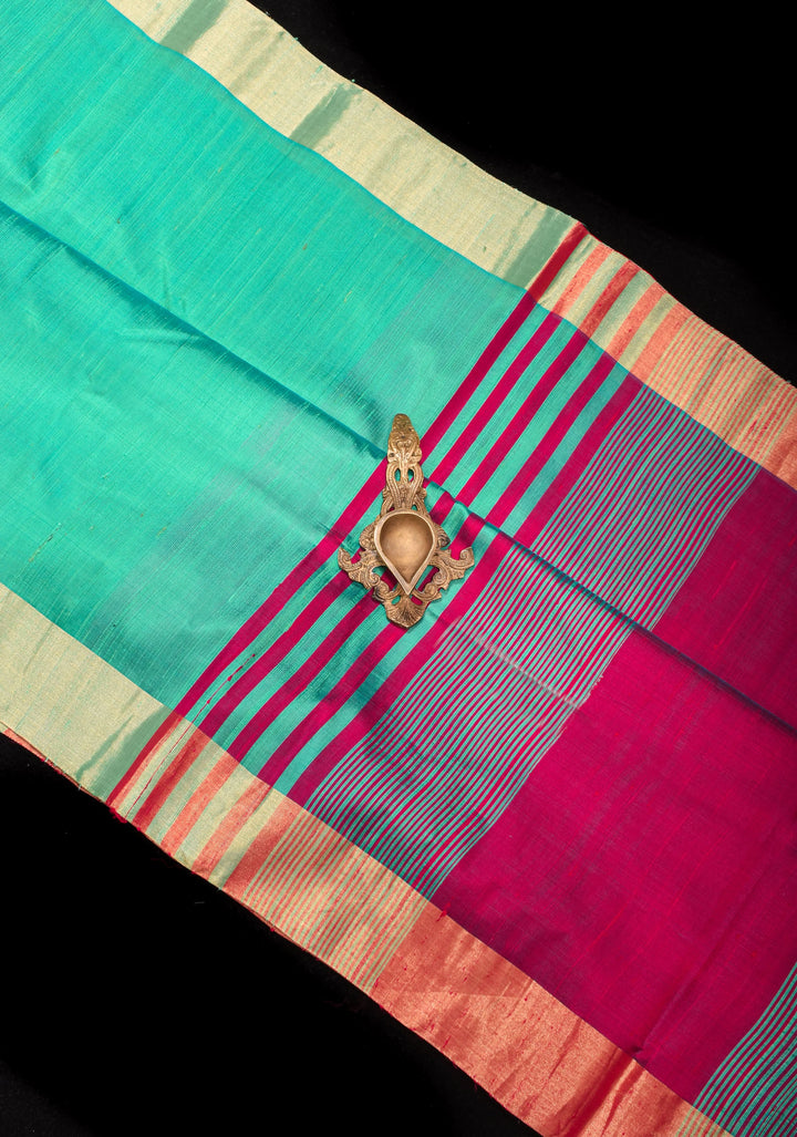 Sea Green and Pink Pure Raw SIlk Saree with Tissue Zari Borders| SILK MARK CERTIFIED