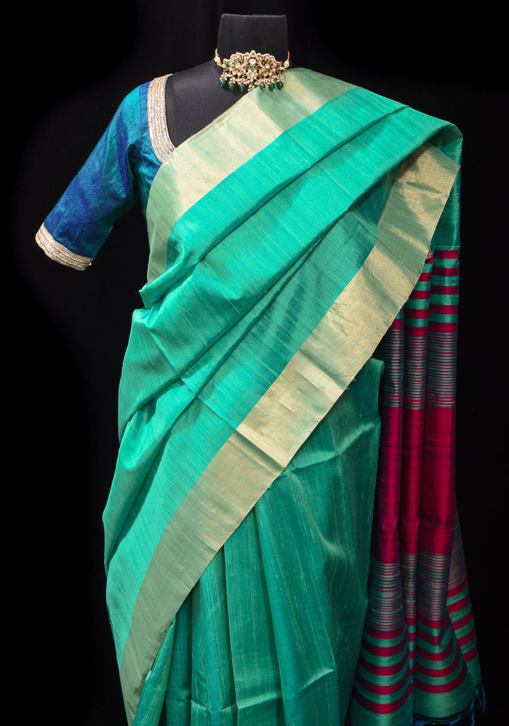 Sea Green and Pink Pure Raw SIlk Saree with Tissue Zari Borders| SILK MARK CERTIFIED