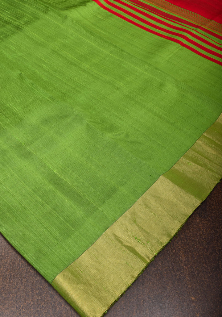 Radiant Green Raw Silk Saree with Tissue Zari Border and Vibrant Red Pallu| SILK MARK CERTIFIED