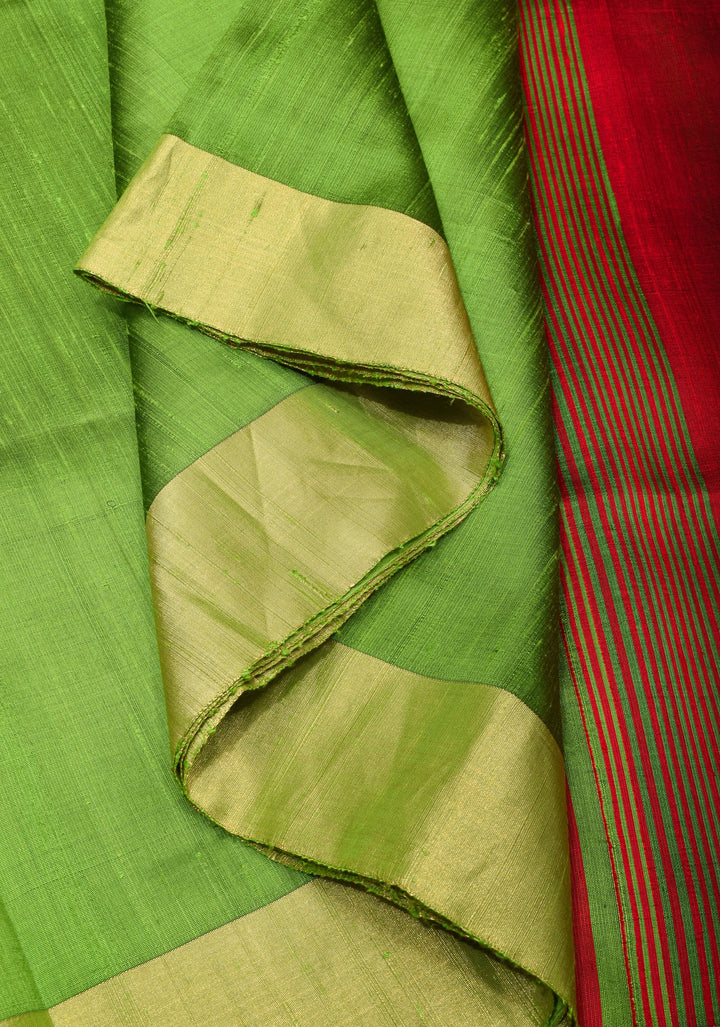 Radiant Green Raw Silk Saree with Tissue Zari Border and Vibrant Red Pallu| SILK MARK CERTIFIED