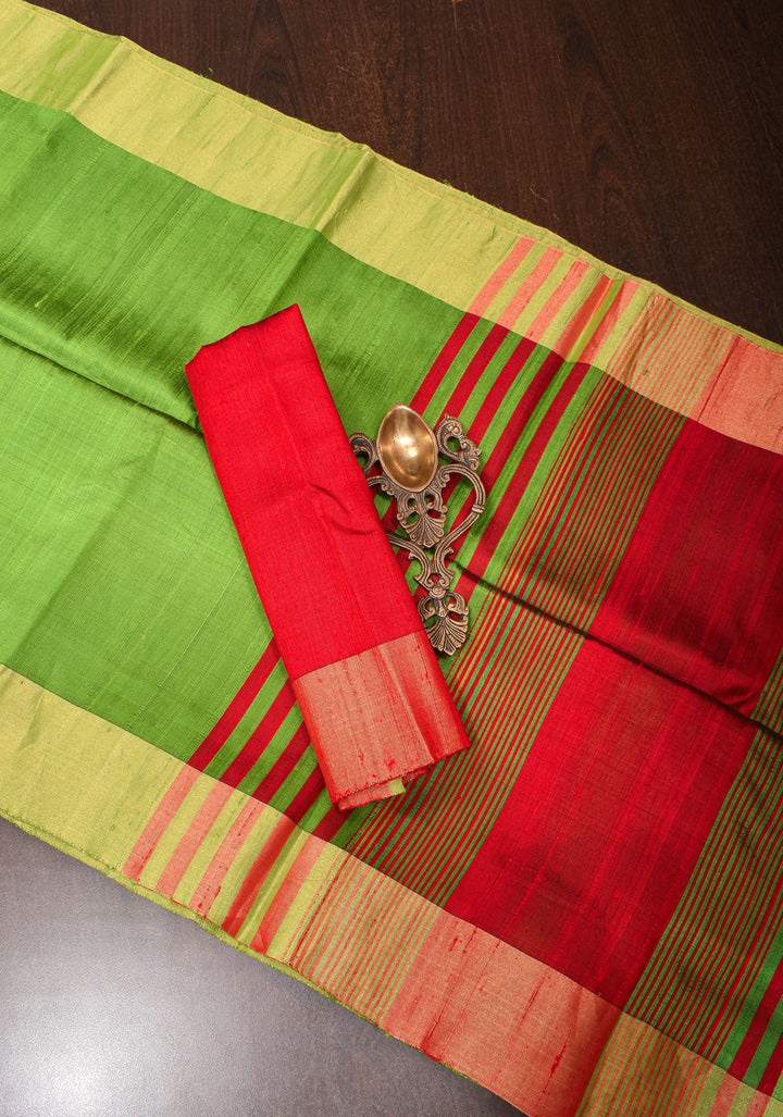 Radiant Green Raw Silk Saree with Tissue Zari Border and Vibrant Red Pallu| SILK MARK CERTIFIED