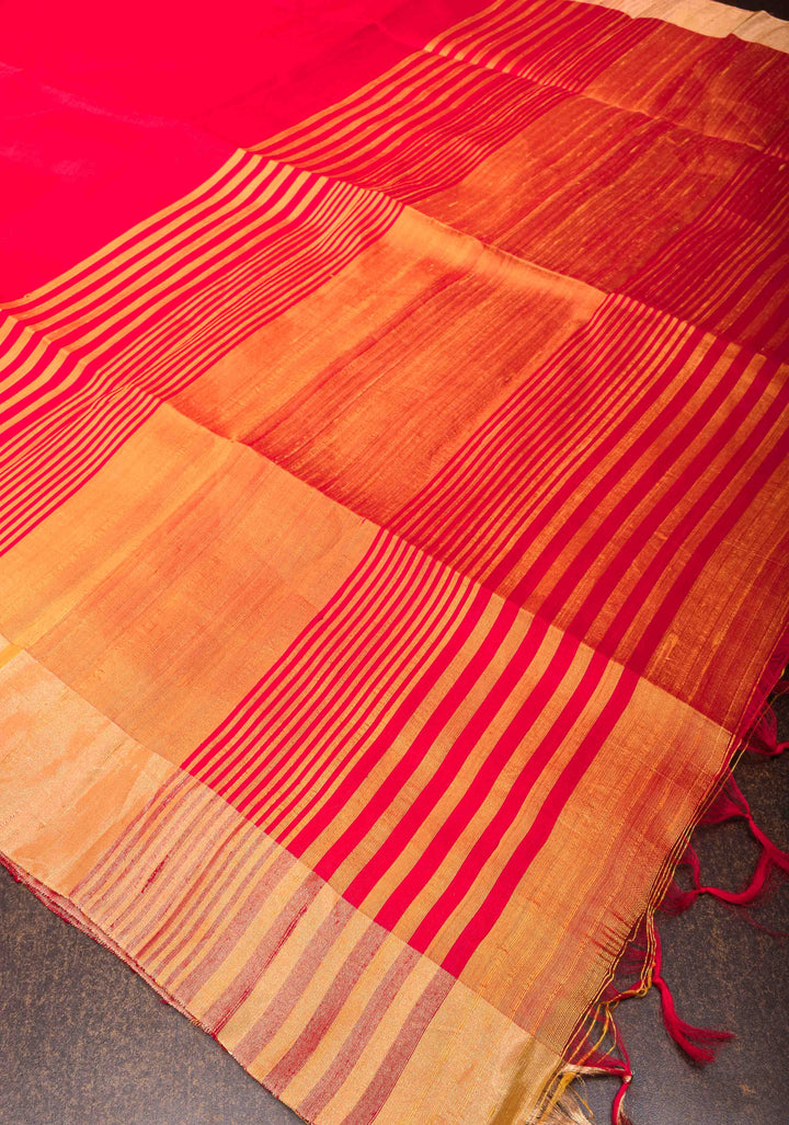 Red Pure Raw Silk Saree with Gold Tissue Zari Border | SILK MARK CERTIFIED