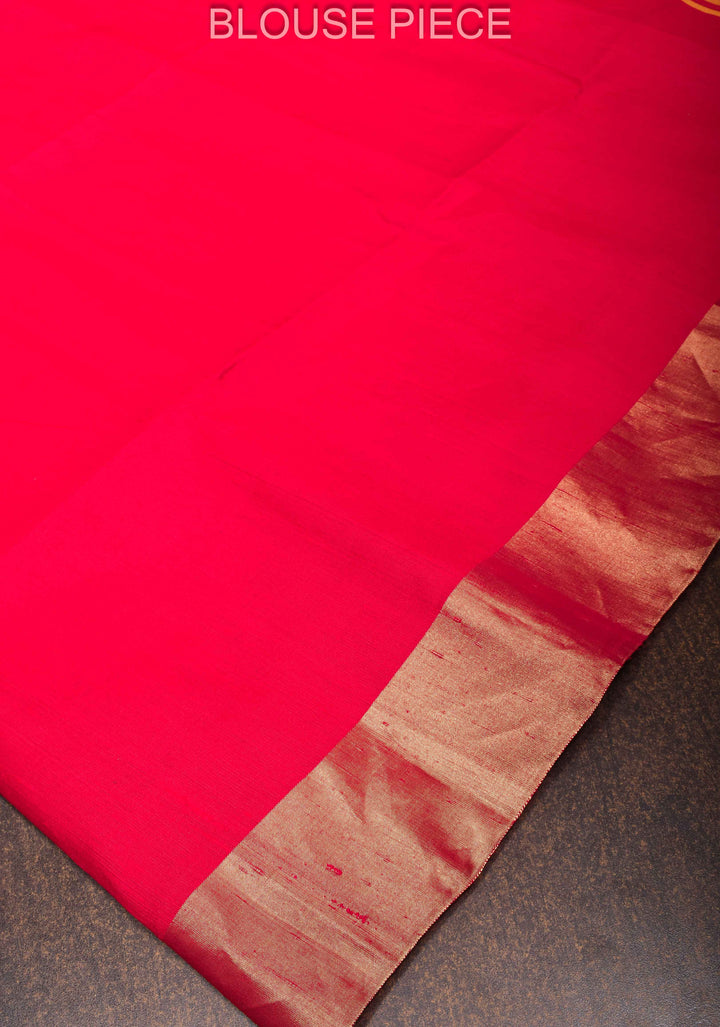 Red Pure Raw Silk Saree with Gold Tissue Zari Border | SILK MARK CERTIFIED