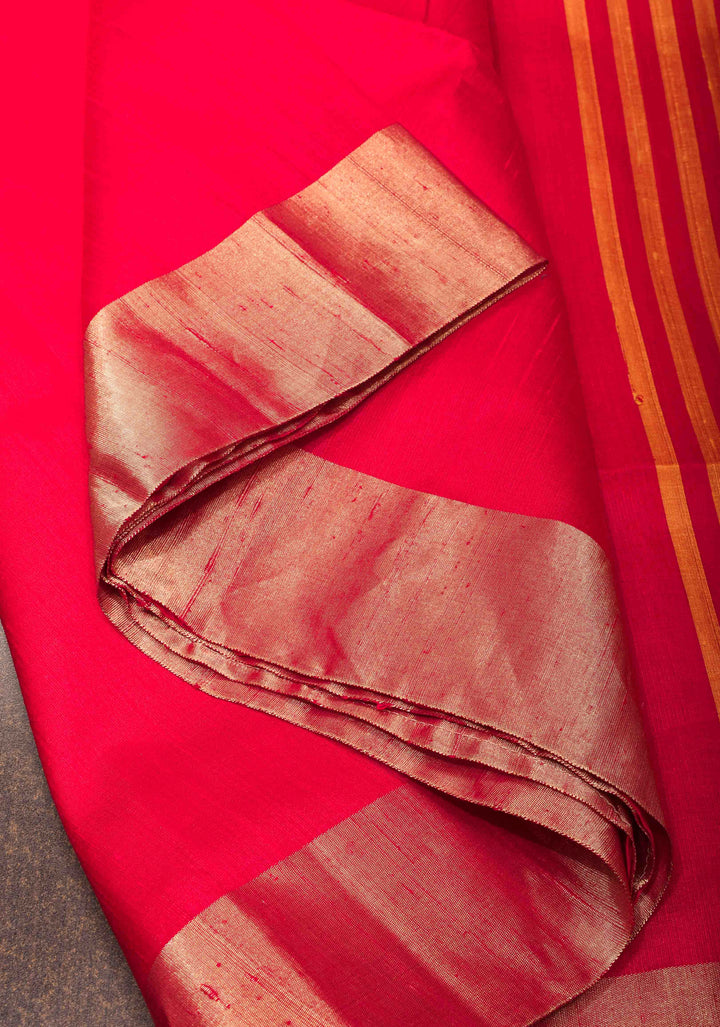 Red Pure Raw Silk Saree with Gold Tissue Zari Border | SILK MARK CERTIFIED