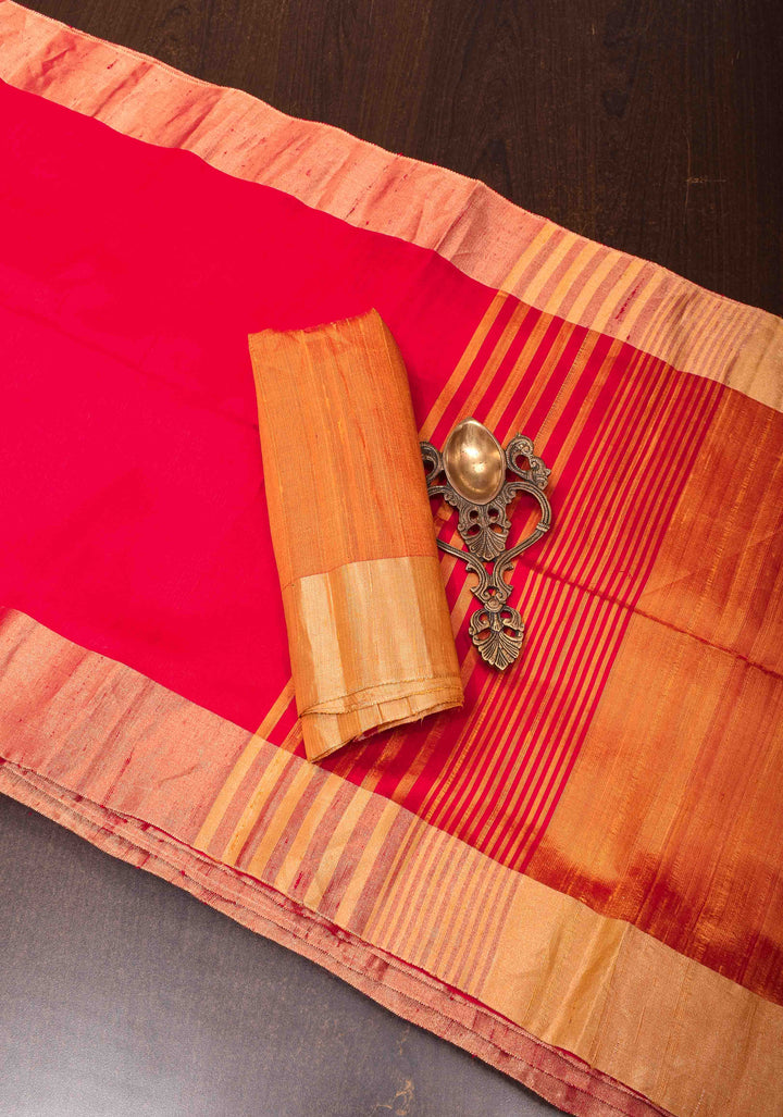 Red Pure Raw Silk Saree with Gold Tissue Zari Border | SILK MARK CERTIFIED