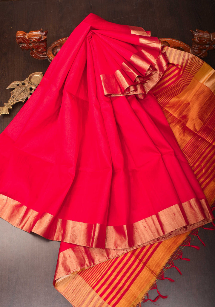Red Pure Raw Silk Saree with Gold Tissue Zari Border | SILK MARK CERTIFIED