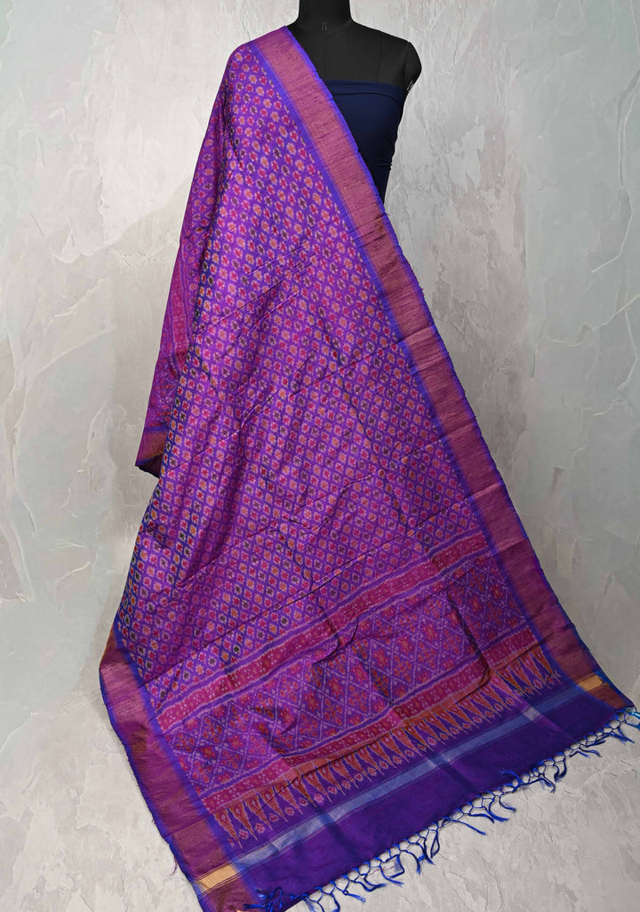 Dupatta : Purple Ikkat Pure Raw Silk Dupatta with handmade tassels | SILK MARK CERTIFIED