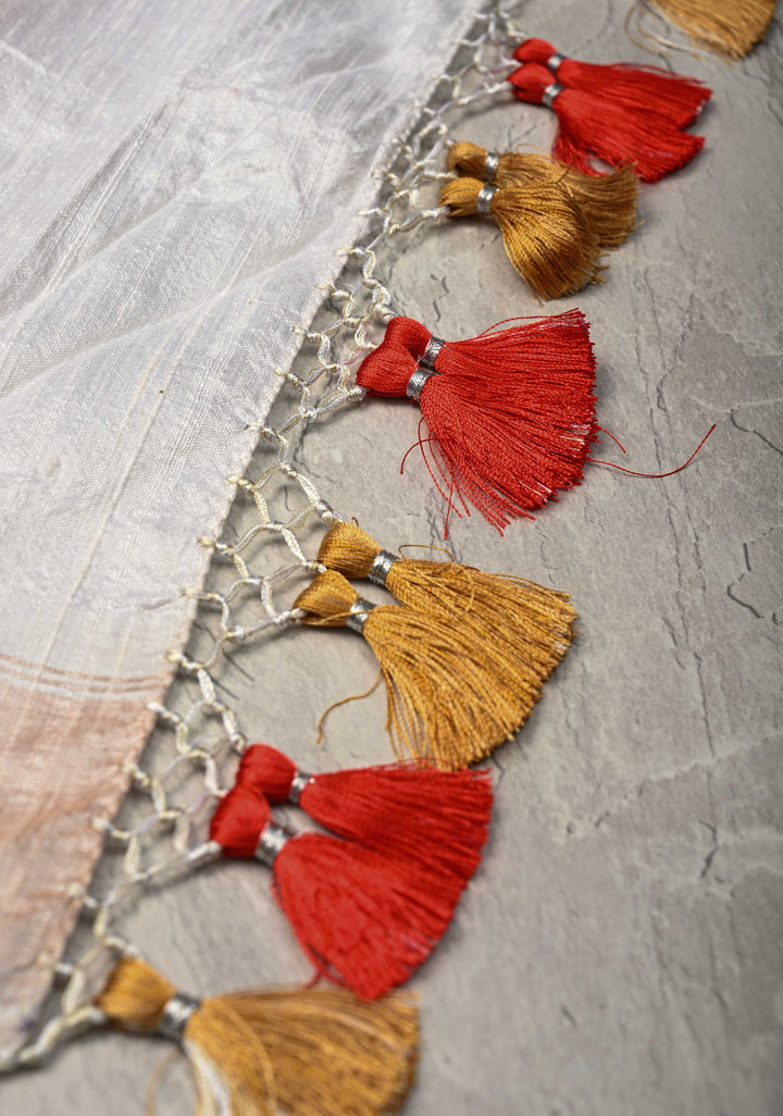 Dupatta : white Ikkat Pure Raw Silk Dupatta with handmade tassels | SILK MARK CERTIFIED
