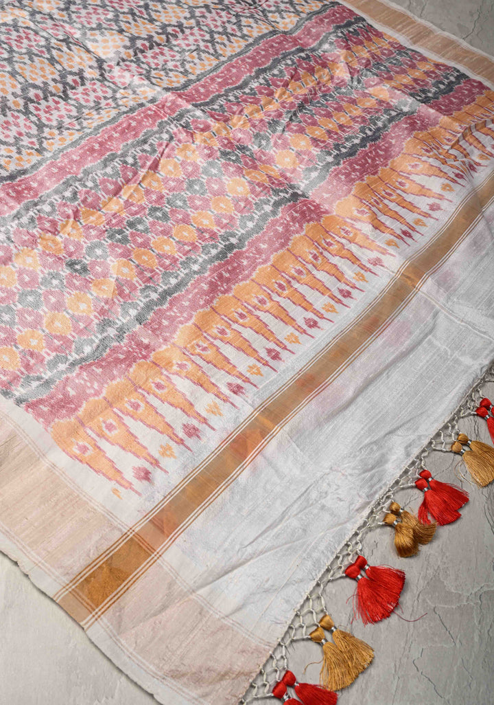 Dupatta : white Ikkat Pure Raw Silk Dupatta with handmade tassels | SILK MARK CERTIFIED