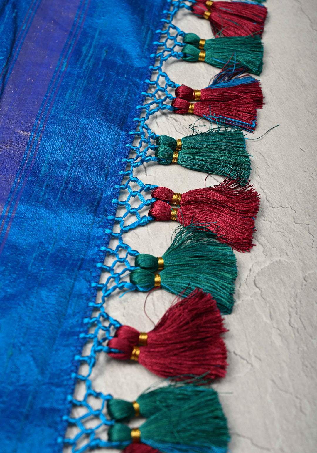 Dupatta : Copper Sulphate Blue Ikkat Pure Raw Silk Dupatta with handmade tassels | SILK MARK CERTIFIED