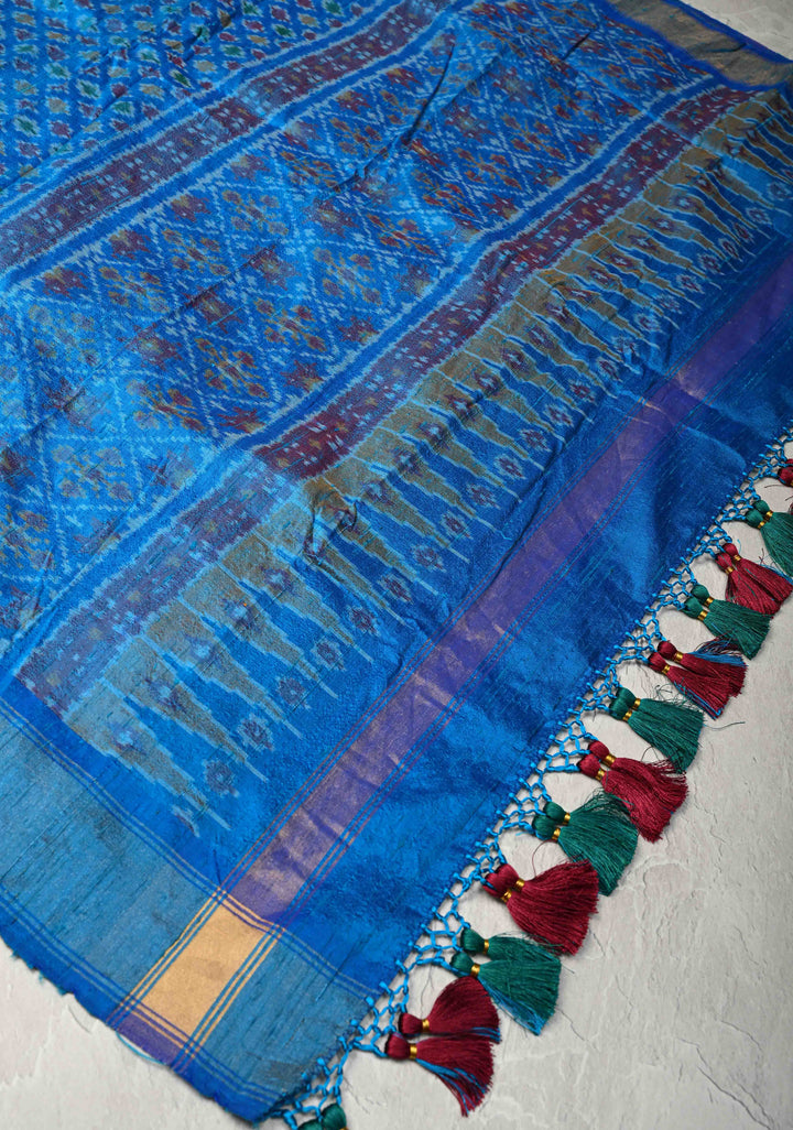 Dupatta : Copper Sulphate Blue Ikkat Pure Raw Silk Dupatta with handmade tassels | SILK MARK CERTIFIED