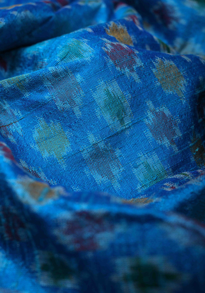 Dupatta : Copper Sulphate Blue Ikkat Pure Raw Silk Dupatta with handmade tassels | SILK MARK CERTIFIED