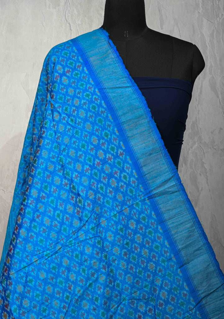 Dupatta : Copper Sulphate Blue Ikkat Pure Raw Silk Dupatta with handmade tassels | SILK MARK CERTIFIED