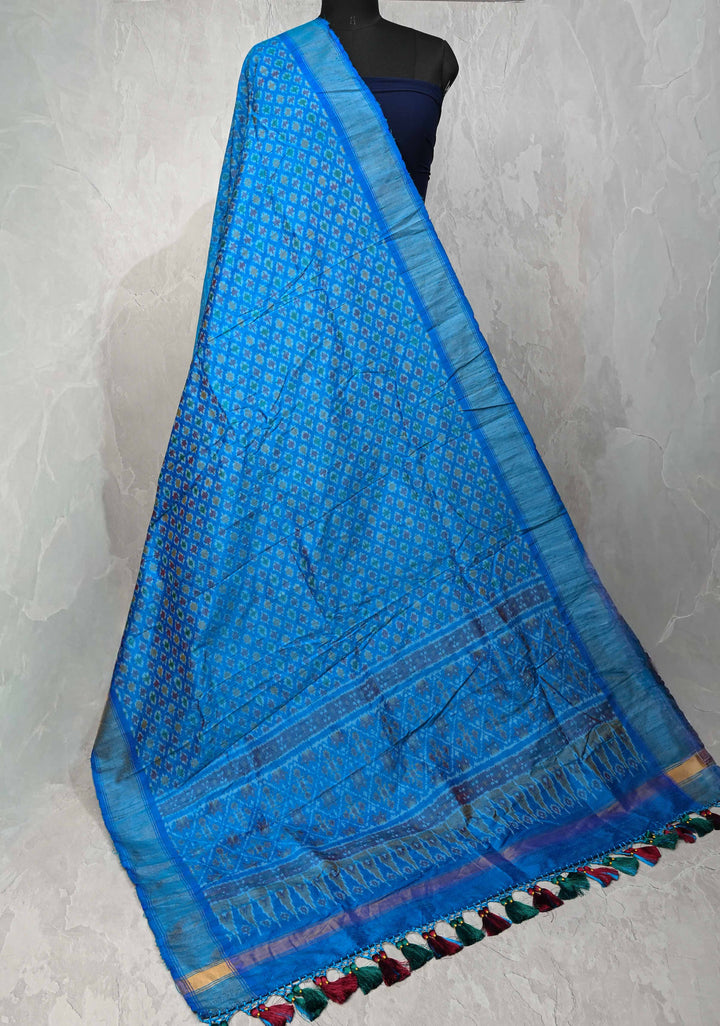 Dupatta : Copper Sulphate Blue Ikkat Pure Raw Silk Dupatta with handmade tassels | SILK MARK CERTIFIED