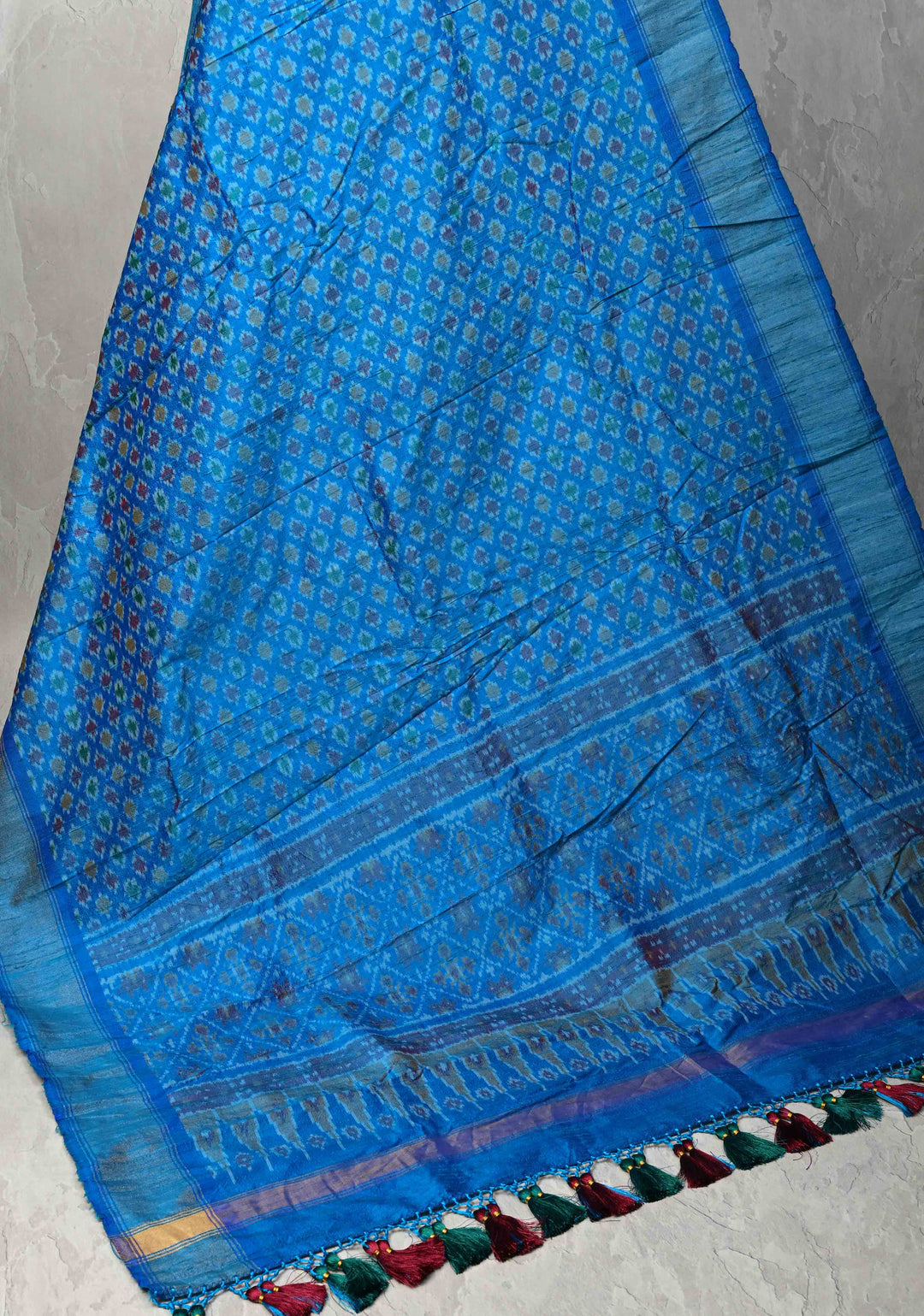 Dupatta : Copper Sulphate Blue Ikkat Pure Raw Silk Dupatta with handmade tassels | SILK MARK CERTIFIED