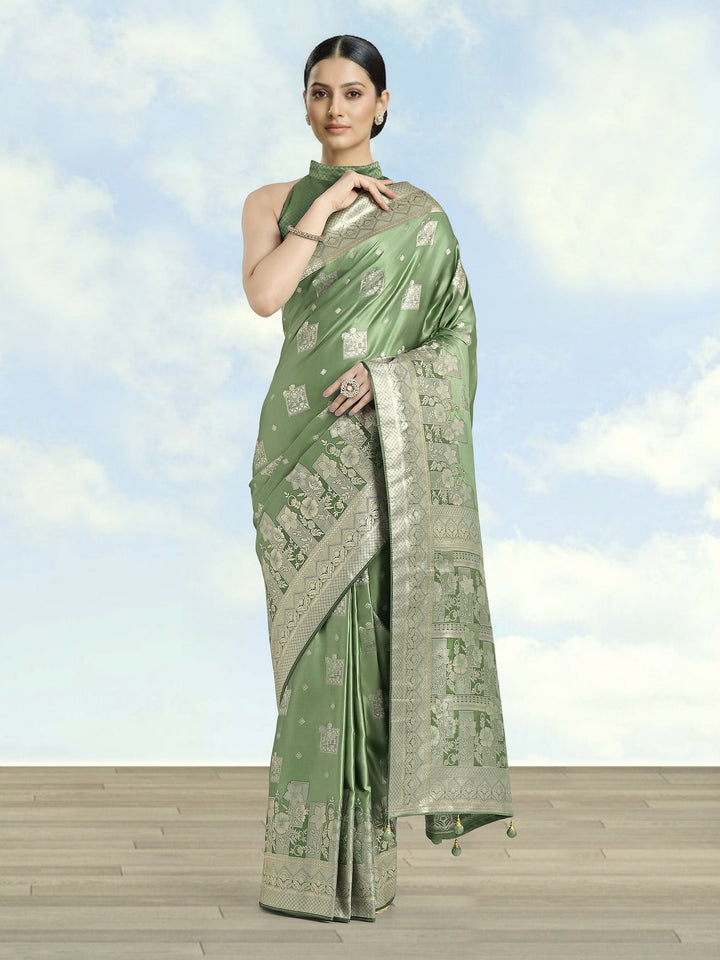 Green Color Banarasi Satin Silk Zari Weaving Saree |SHOBITAM