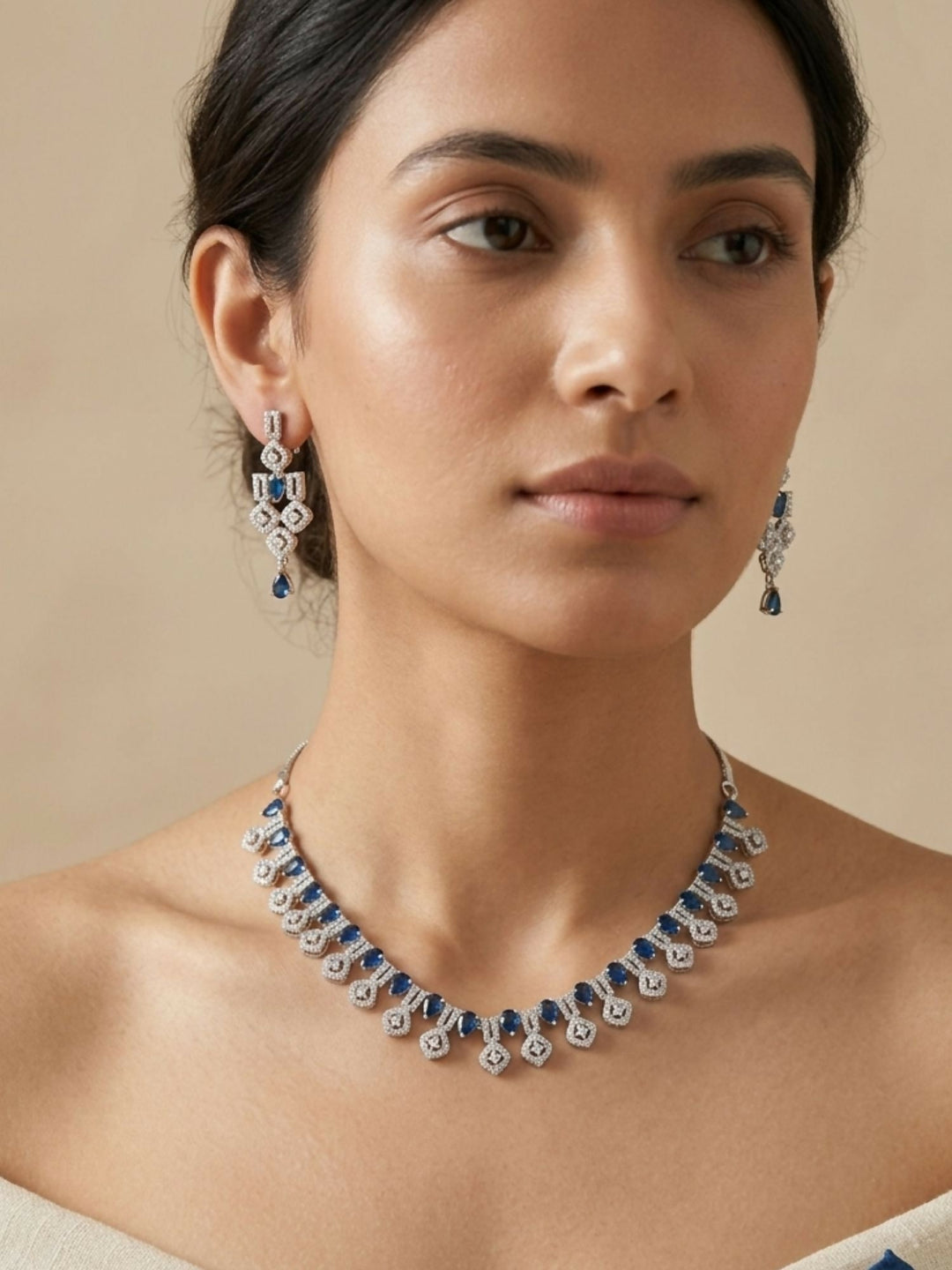 Finely Crafted Silver Plated American Diamond Necklace Set | SHOBITAM
