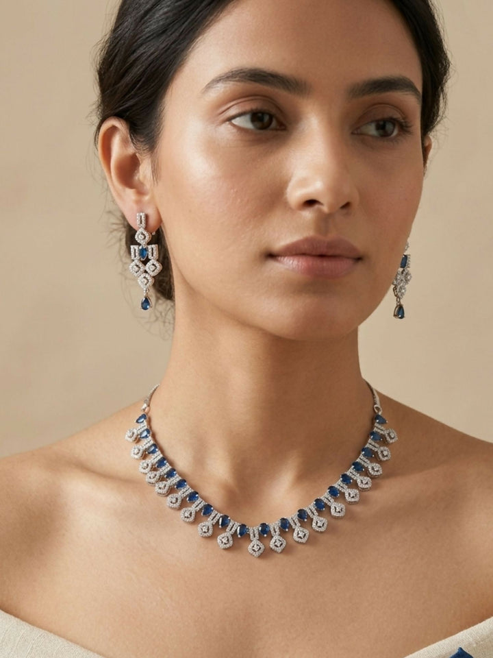 Finely Crafted Silver Plated American Diamond Necklace Set | SHOBITAM