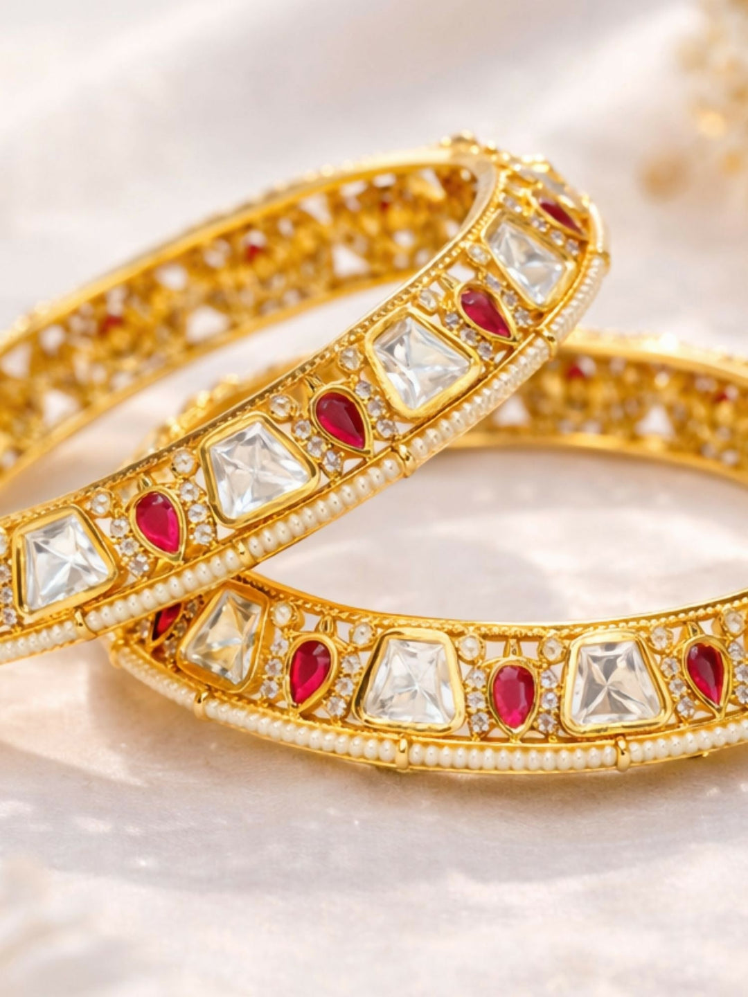 Gold Plated Classic Polki Moissanite Bangles | SHOBITAM