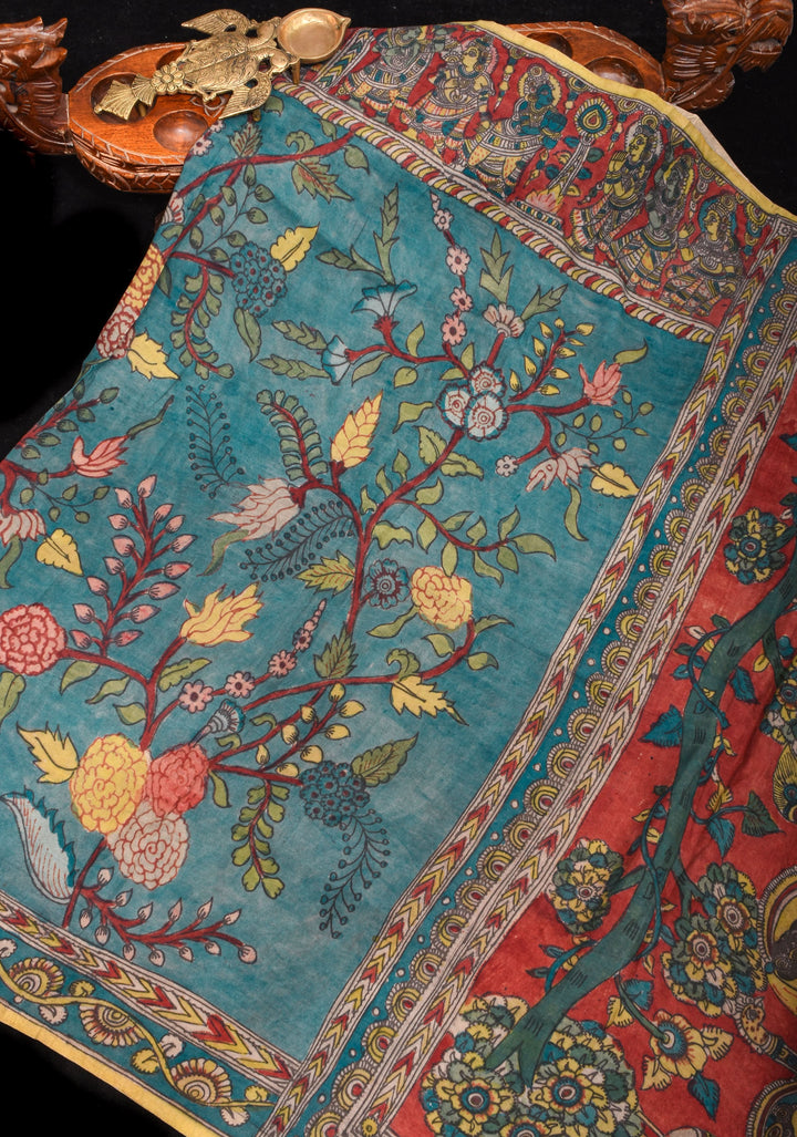 Grayish Blue Authentic Pen Kalamkari on Pure Assam Silk with Krishna and Gopis Theme Pallu | SILK MARKED CERTIFIED