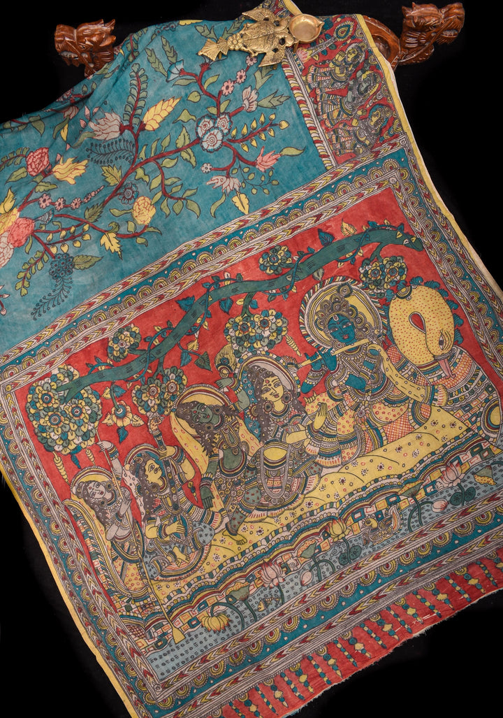 Grayish Blue Authentic Pen Kalamkari on Pure Assam Silk with Krishna and Gopis Theme Pallu | SILK MARKED CERTIFIED