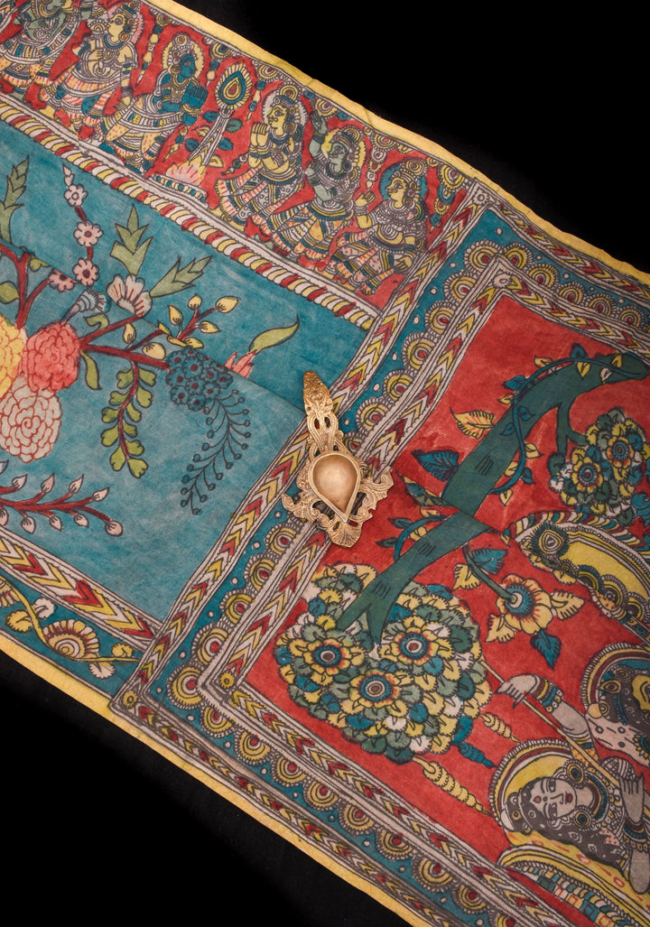 Grayish Blue Authentic Pen Kalamkari on Pure Assam Silk with Krishna and Gopis Theme Pallu | SILK MARKED CERTIFIED