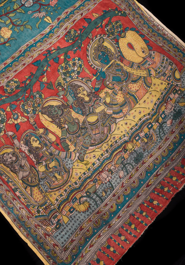 Grayish Blue Authentic Pen Kalamkari on Pure Assam Silk with Krishna and Gopis Theme Pallu | SILK MARKED CERTIFIED