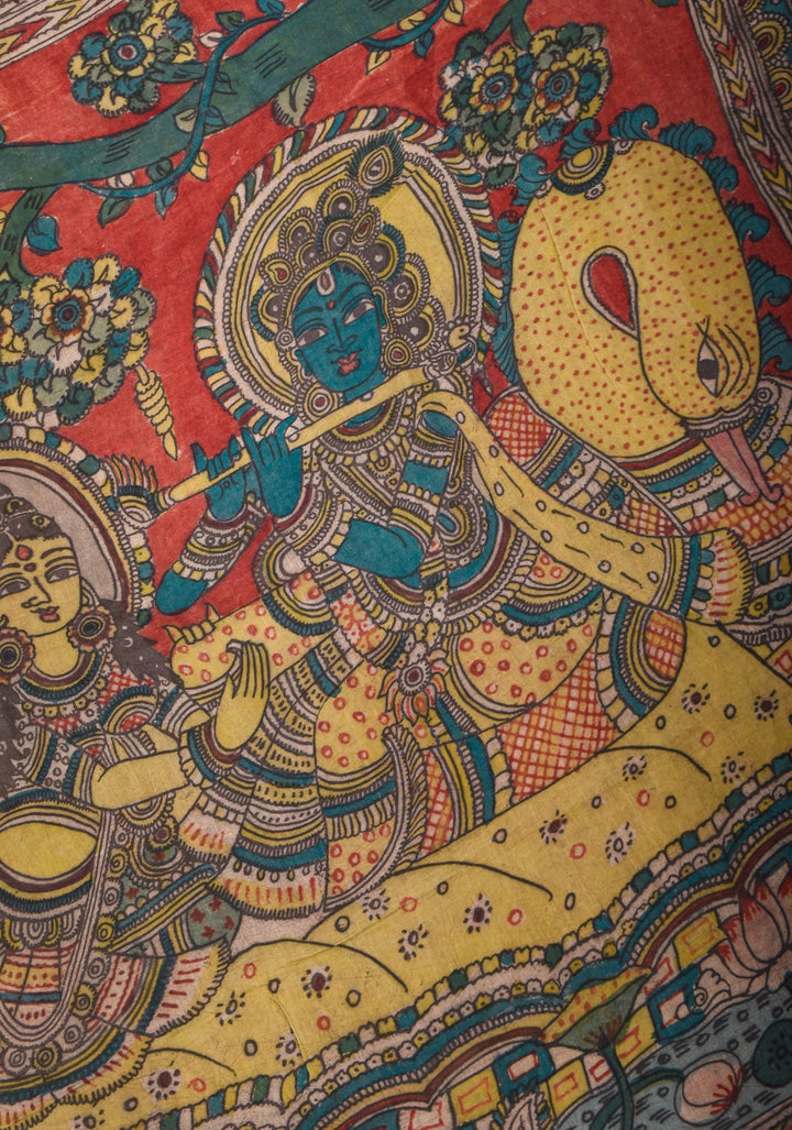 Grayish Blue Authentic Pen Kalamkari on Pure Assam Silk with Krishna and Gopis Theme Pallu | SILK MARKED CERTIFIED