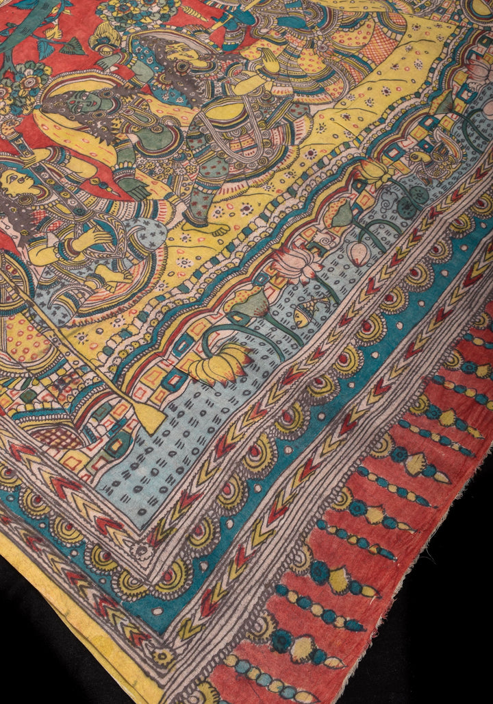 Grayish Blue Authentic Pen Kalamkari on Pure Assam Silk with Krishna and Gopis Theme Pallu | SILK MARKED CERTIFIED