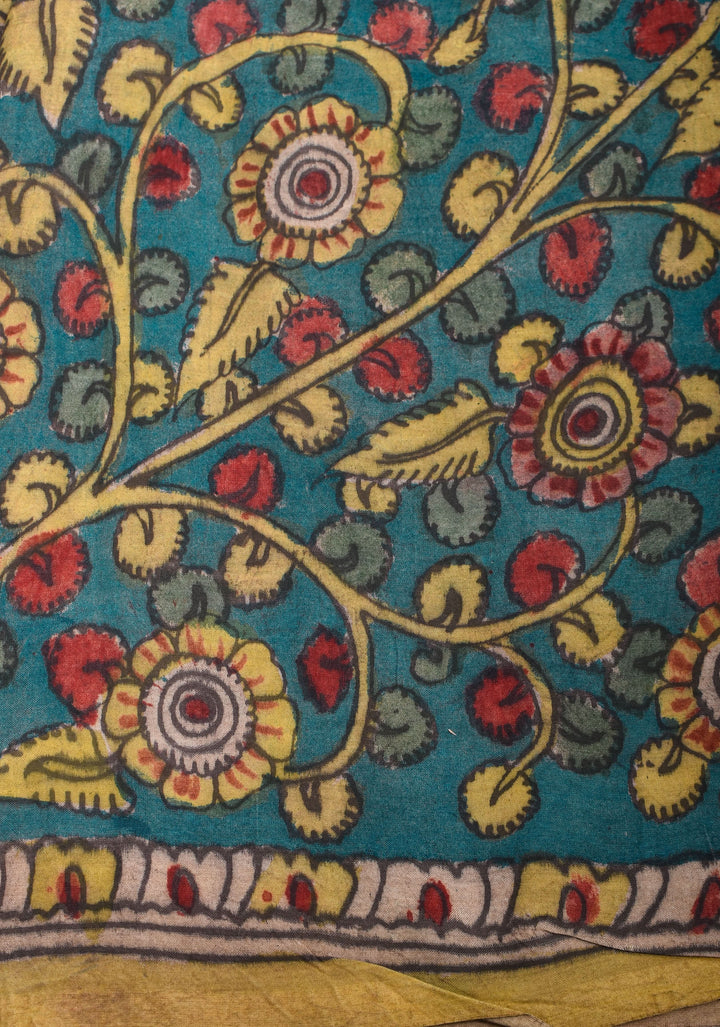 Grayish Blue Authentic Pen Kalamkari on Pure Assam Silk with Krishna and Gopis Theme Pallu | SILK MARKED CERTIFIED
