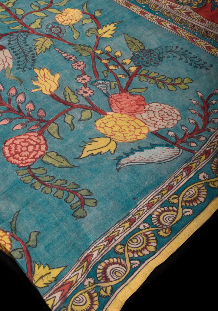 Grayish Blue Authentic Pen Kalamkari on Pure Assam Silk with Krishna and Gopis Theme Pallu | SILK MARKED CERTIFIED