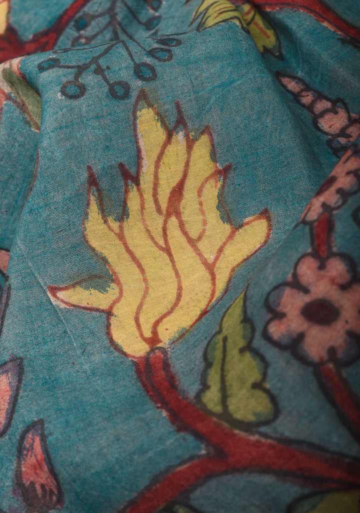 Grayish Blue Authentic Pen Kalamkari on Pure Assam Silk with Krishna and Gopis Theme Pallu | SILK MARKED CERTIFIED