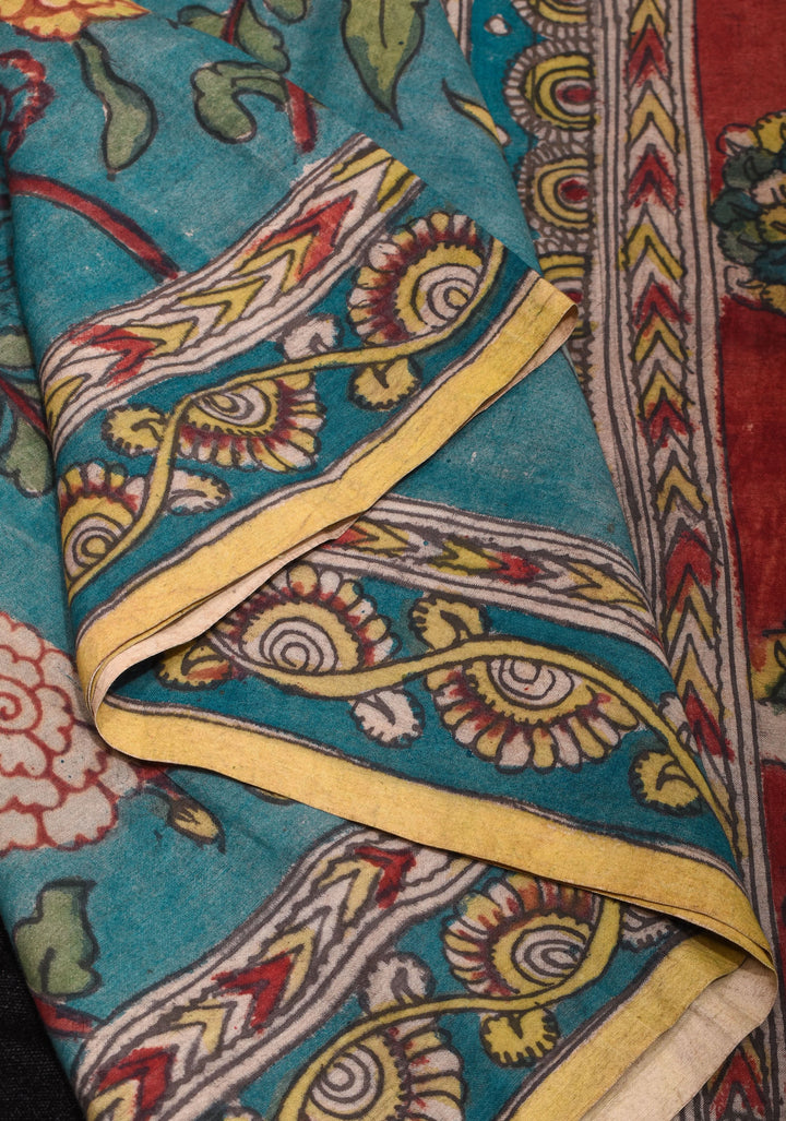 Grayish Blue Authentic Pen Kalamkari on Pure Assam Silk with Krishna and Gopis Theme Pallu | SILK MARKED CERTIFIED