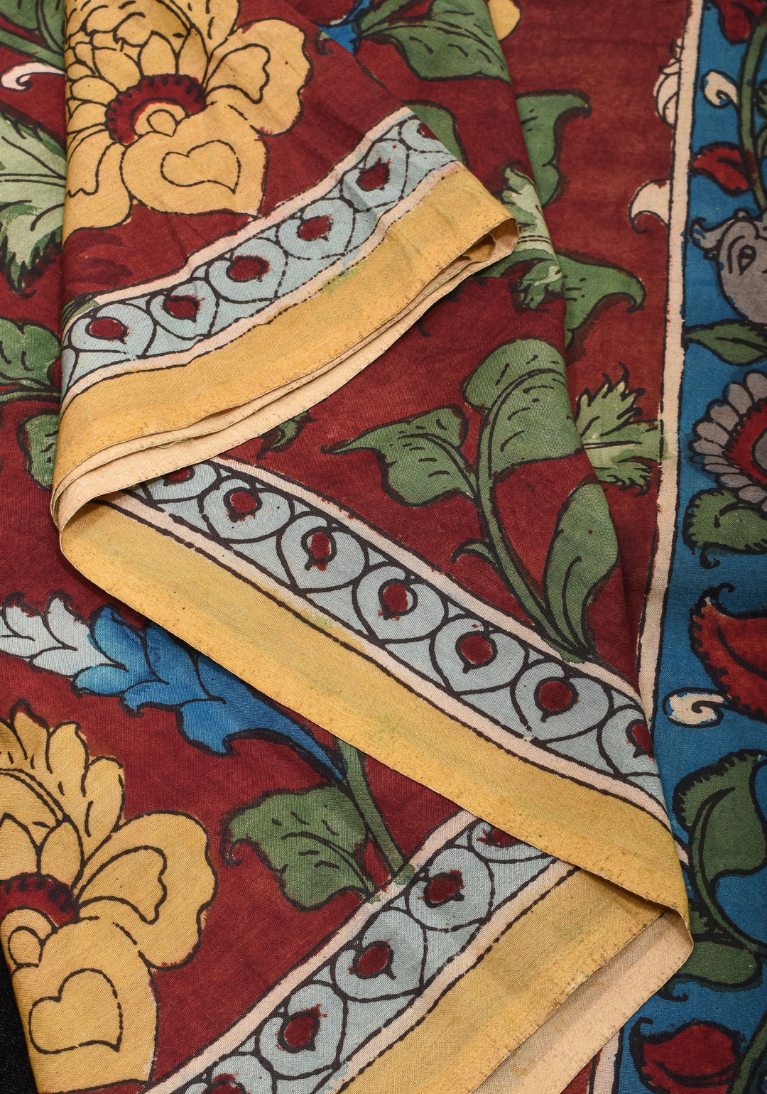 Maroon Authentic Pen Kalamkari on Pure Assam Silk with Krishna and Gopis Theme Pallu | SILK MARKED CERTIFIED