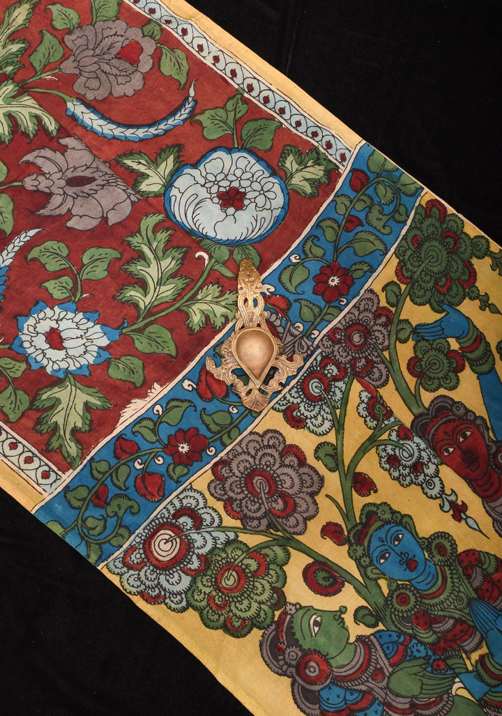 Maroon Authentic Pen Kalamkari on Pure Assam Silk with Krishna and Gopis Theme Pallu | SILK MARKED CERTIFIED