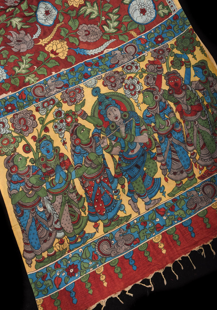 Maroon Authentic Pen Kalamkari on Pure Assam Silk with Krishna and Gopis Theme Pallu | SILK MARKED CERTIFIED