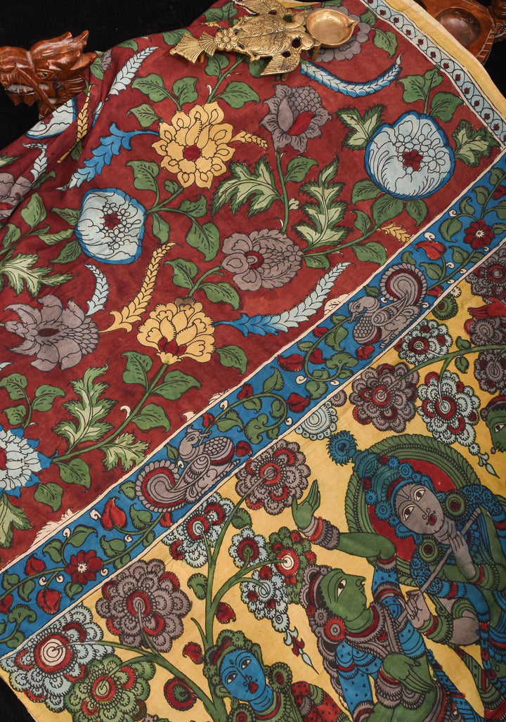 Maroon Authentic Pen Kalamkari on Pure Assam Silk with Krishna and Gopis Theme Pallu | SILK MARKED CERTIFIED
