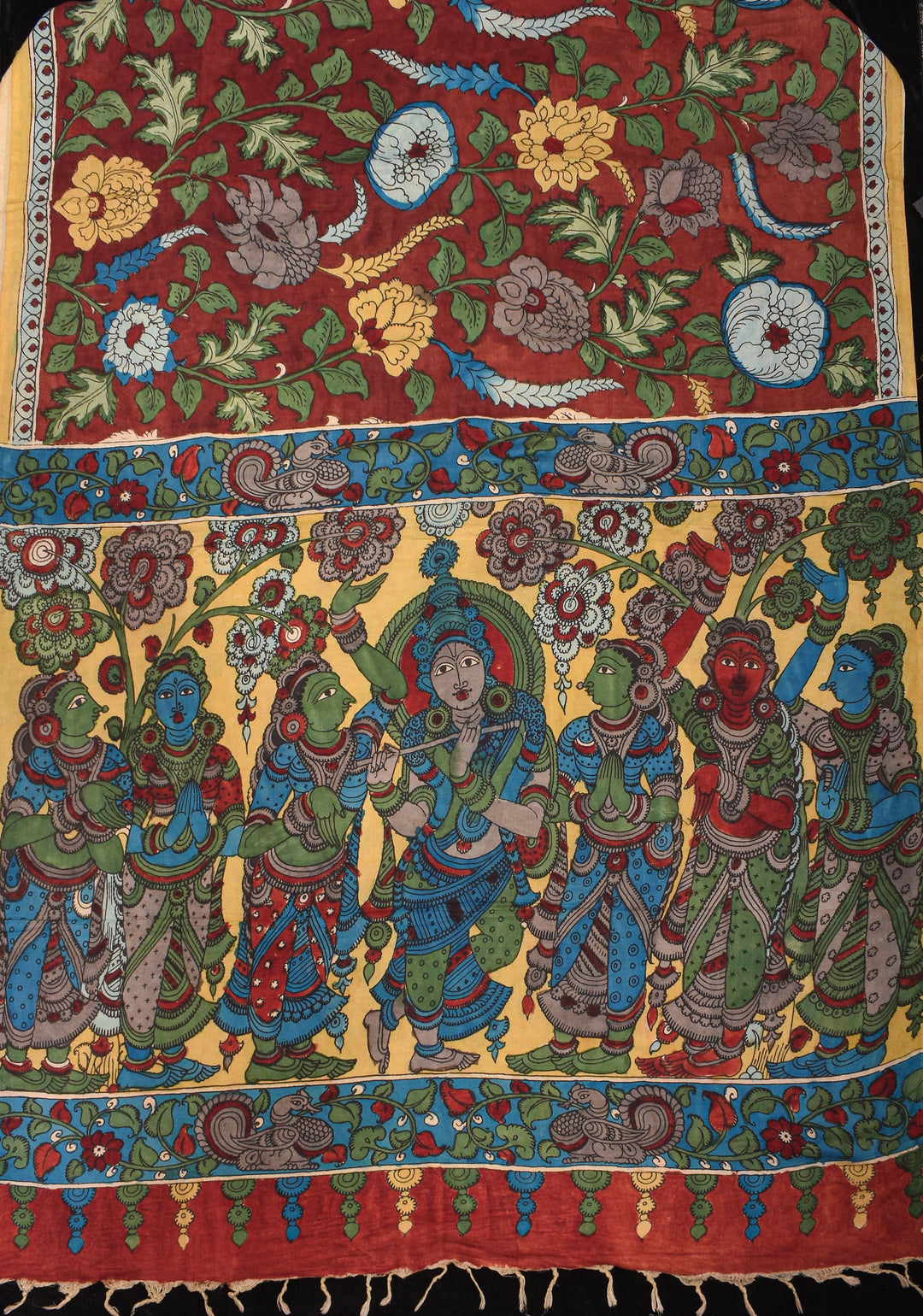 Maroon Authentic Pen Kalamkari on Pure Assam Silk with Krishna and Gopis Theme Pallu | SILK MARKED CERTIFIED