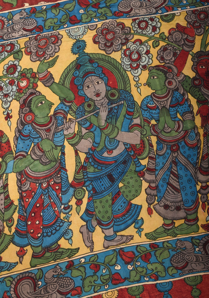 Maroon Authentic Pen Kalamkari on Pure Assam Silk with Krishna and Gopis Theme Pallu | SILK MARKED CERTIFIED