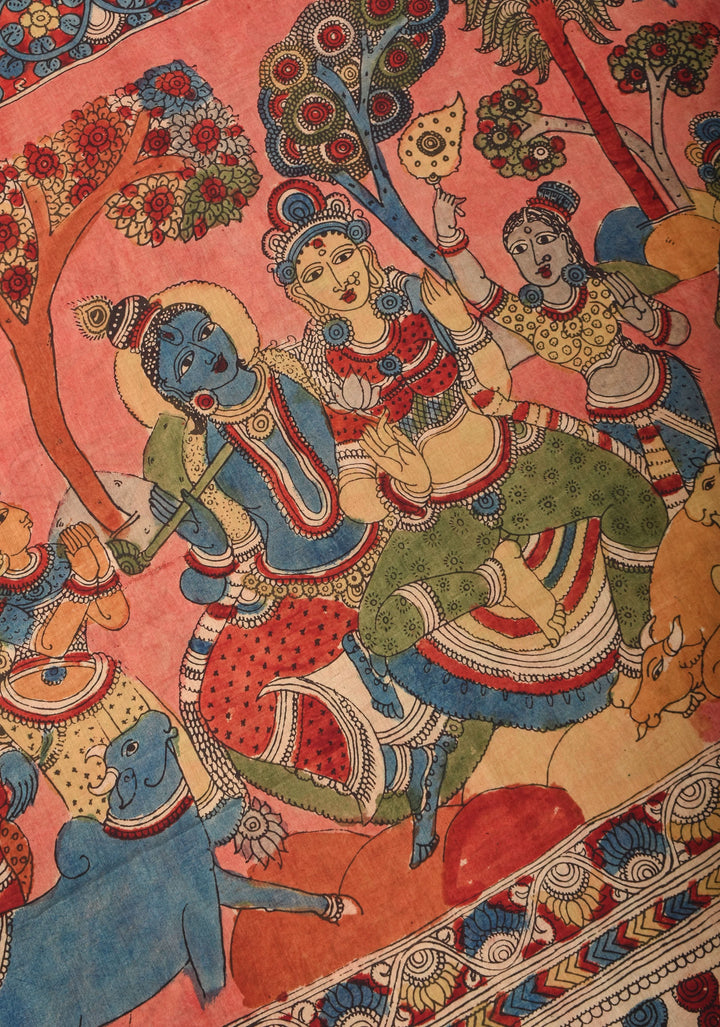 Preorder : Beige Authentic Pen Kalamkari on Pure Assam Silk with Krishna and Gopi's Theme Pallu and Lace Border | SILK MARKED CERTIFIED