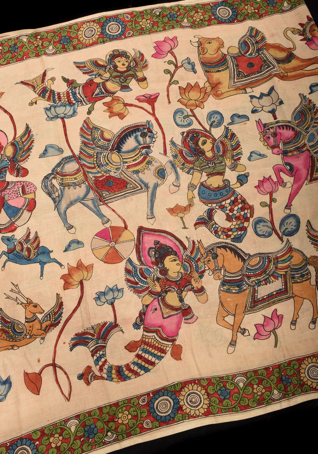 Preorder : Beige Authentic Pen Kalamkari on Pure Assam Silk with Krishna and Gopi's Theme Pallu and Lace Border | SILK MARKED CERTIFIED