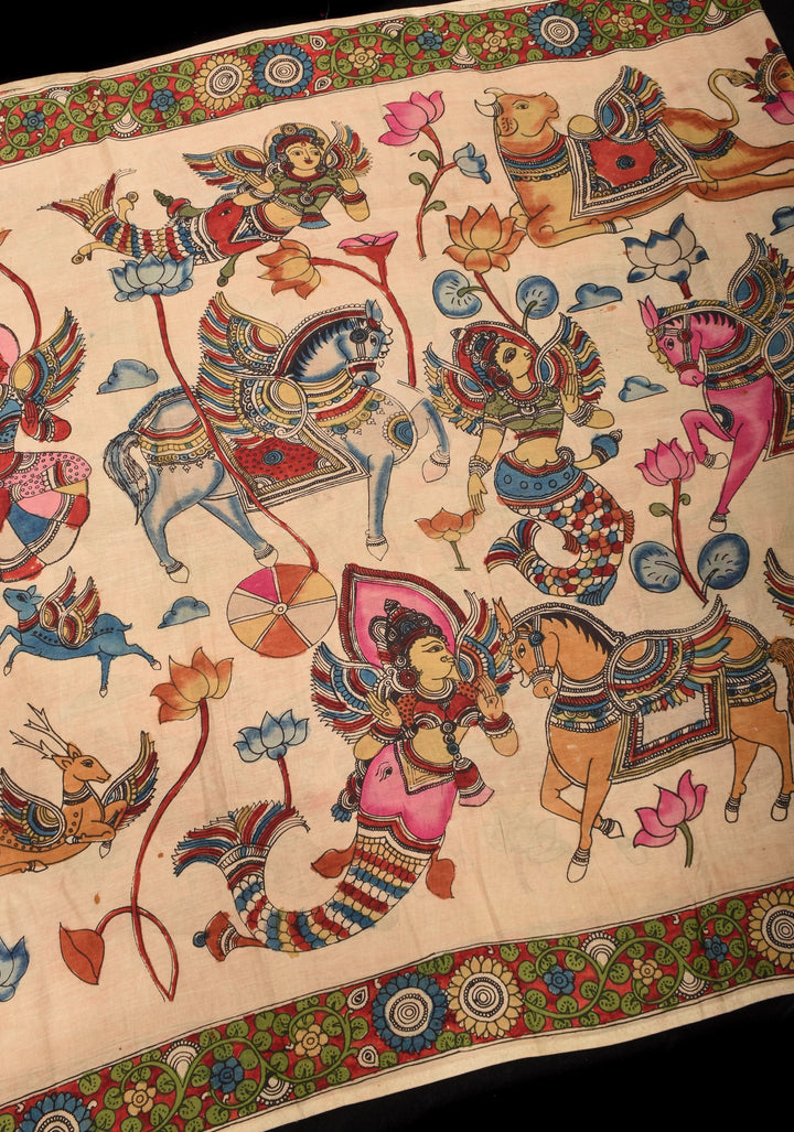 Preorder : Beige Authentic Pen Kalamkari on Pure Assam Silk with Krishna and Gopi's Theme Pallu and Lace Border | SILK MARKED CERTIFIED